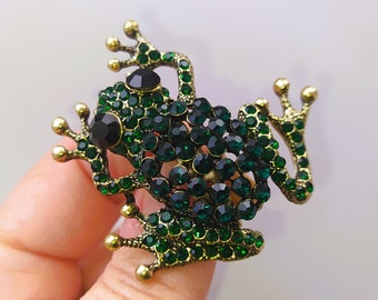 Green Frog Brooch pin, Rhinestone Toad brooch, Witchy decor aesthetic