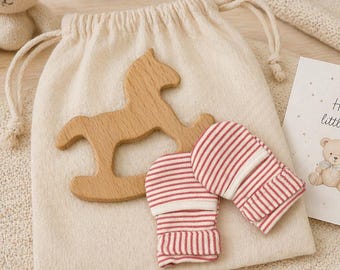 New Mom Keepsake/ Hoarse Baby Shower Sensory Gift /Gender Neutral Baby Essentials/ Mittens & Wooden Bunny Teething Set