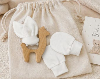 New Mom Keepsake Baby Shower Sensory Gift /Gender Neutral Baby Essentials/ Mittens & Wooden Bunny Teething Set