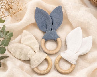 Baby Teething Relief/ Crinkle Sound Newborn Gift/Bunny Teether w/Wooden Ring