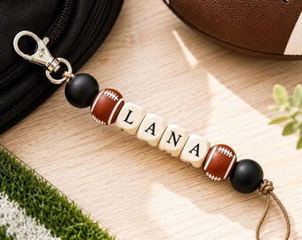 Football Sports Name Keychain /Personalized Gift for Back to School ,Beaded ID tag Holder /Kids Sports Backpack Charm
