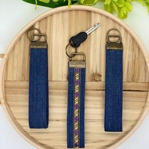 Denim Short Lanyard/Personalized Blue Denim Key Wristlets /Boho Summer Key Strap Holder/Handmade Upscaled Keychain Gift/ Retro Car Keychain