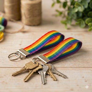 Könnte beinhalten: Zwei Schlüsselanhänger aus Stoff mit einem lebendigen Regenbogenstreifenmuster. Jeder Anhänger besteht aus einem Schlaufenband, das mit einer silberfarbenen Metallklemme und einem Schlüsselring befestigt ist, an dem mehrere Metallschlüssel hängen.