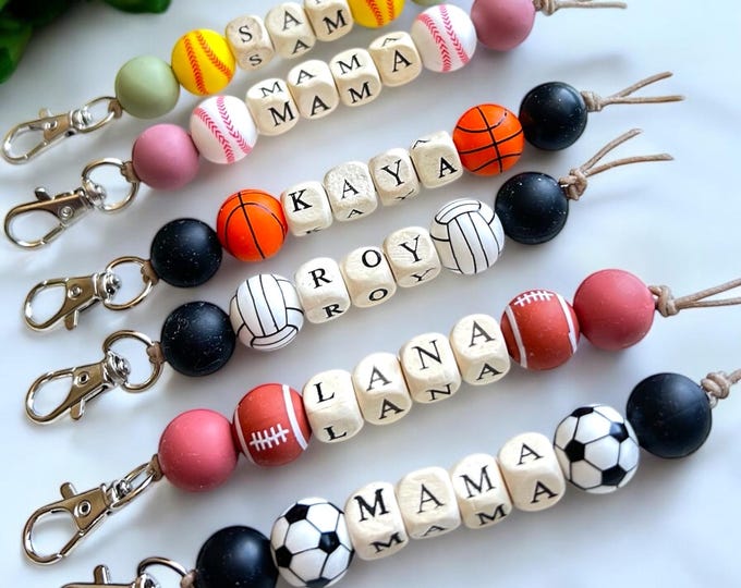 Personalized Sports Keychain / Beaded Name Keyring with Baseball, Soccer, Basketball /Custom Gift for Dad , Coaches/ Kids Backpack Decor