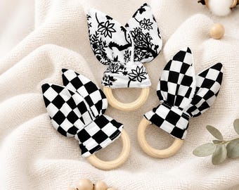 High Contrast Baby Toys/Sensory Montessori Newborn Gift/Bunny Teether w/Wooden Ring