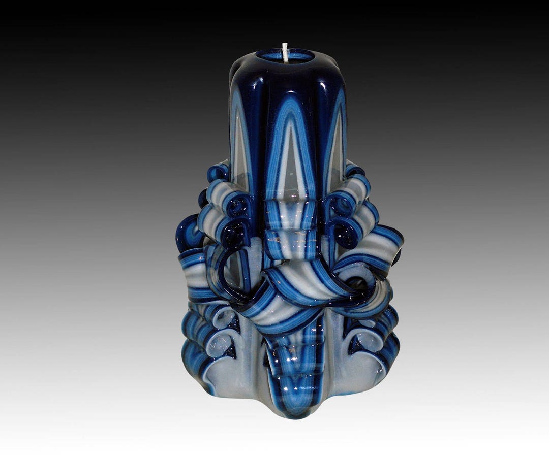 Grande Bougie Sculptée à La Main Blanc Bleu Pastel - Décoration Intérieure Écologique Et Cadeau Luxueux