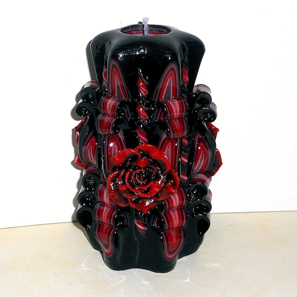 Black Red Rose Candle, Gothic Wedding Gift, Birthday Gift, Hand Carved candles, Gothic Decor, Goth Style Ceremony - 5 inch/ 12cm