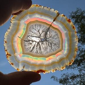 May include: A large, round, iridescent agate slice with a rainbow of colors. The agate is translucent and shows a pattern of concentric circles. The agate is held in a hand against a blue sky.