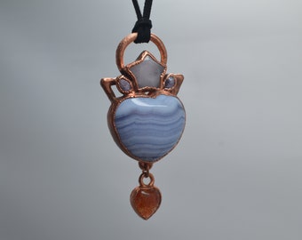 Copper electroformed Blue lace agate, Charoite, morganite, and sunstone pendant, electroplated crystal necklace