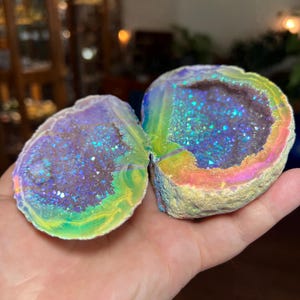 Large rainbow aura amethyst geode box