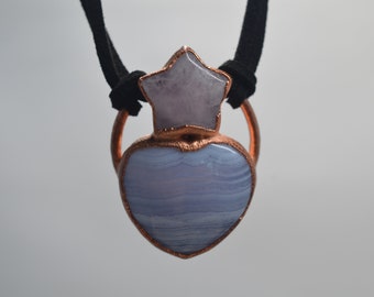 Copper electroformed Blue lace agate, and morganite pendant, electroplated crystal necklace