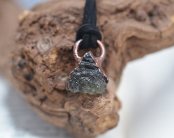 Copper electroformed Moldavite pendant, electroplated crystal necklace