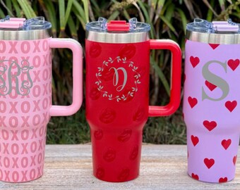 Valentines Cup with Handle, Personalized 40oz Tumbler, Heart Cup with Handle, XOX Cup, Valentines Day Gift for Girlfriend,