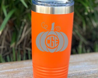Personalized Fall Tumbler, Custom Monogram Pumpkin Travel Mug, Fall Pumpkin Coffee Cup, 20 oz Polar Camel Mug