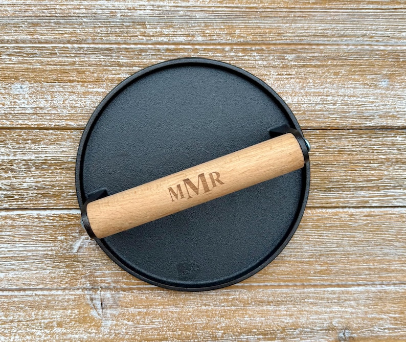 Personalized Cast Iron Press, Smash Burger Heavy Duty Press, Bacon Smasher, BBQ Grill Press Wood Handle, BBQ Gift for Him, Grill Accessories image 11