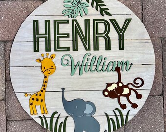 Nursery Name Sign, Jungle Animal Woodland Name Sign, Rustic Baby Name Wall Hanging, Boys Room Sign with Safari Animals, Ship Lap Name Plaque