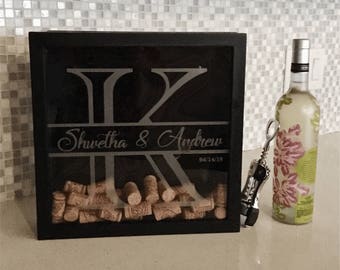 Personalized Wine Cork Shadow Box Letter Names Date Wedding Engagement Baby Top Loading Keepsake Laser Engraved Glass Display Case