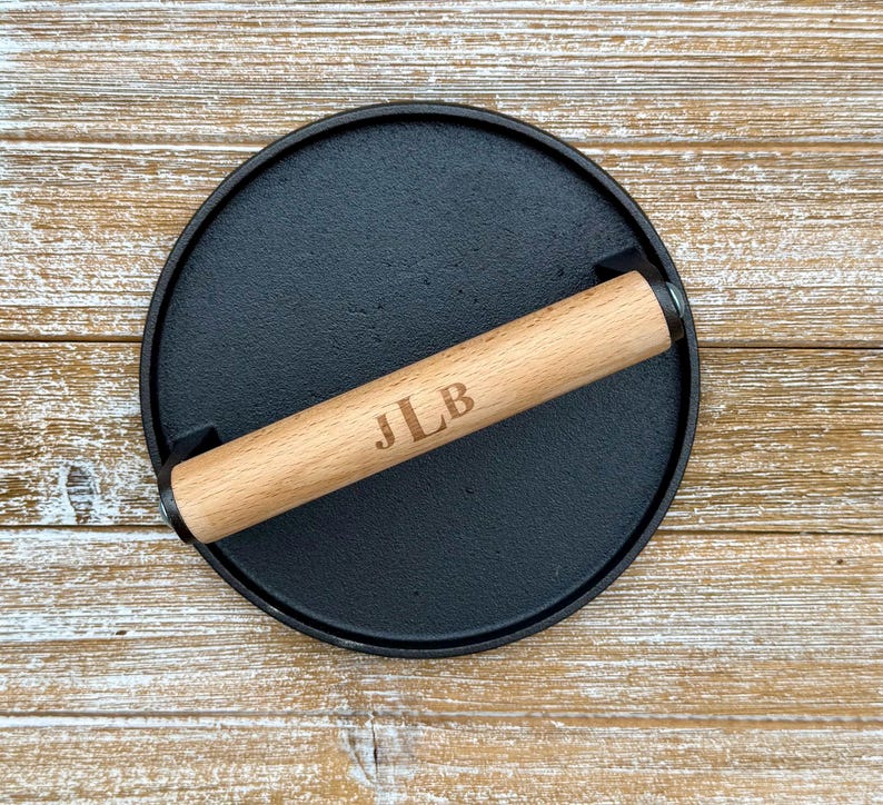 Personalized Cast Iron Press, Smash Burger Heavy Duty Press, Bacon Smasher, BBQ Grill Press Wood Handle, BBQ Gift for Him, Grill Accessories image 7
