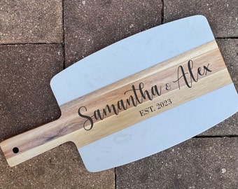 Personalized Marble and Acacia Wood Cheese Board, Charcuterie Board, Custom Wood Cutting Board with Handle, Wood Serving Board