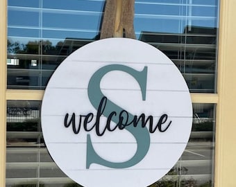 Personalized Welcome Sign Engraved Monogram Large Wood Board Shiplap Plaque Custom Door Hanger Front Entrance Family Name Letters Farmhouse