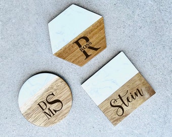 Personalized Monogram Coasters, White Marble & Acacia Wood Coaster  Custom Wood Coasters, Wood and Marble Coaster Set, Personalized Gift Set