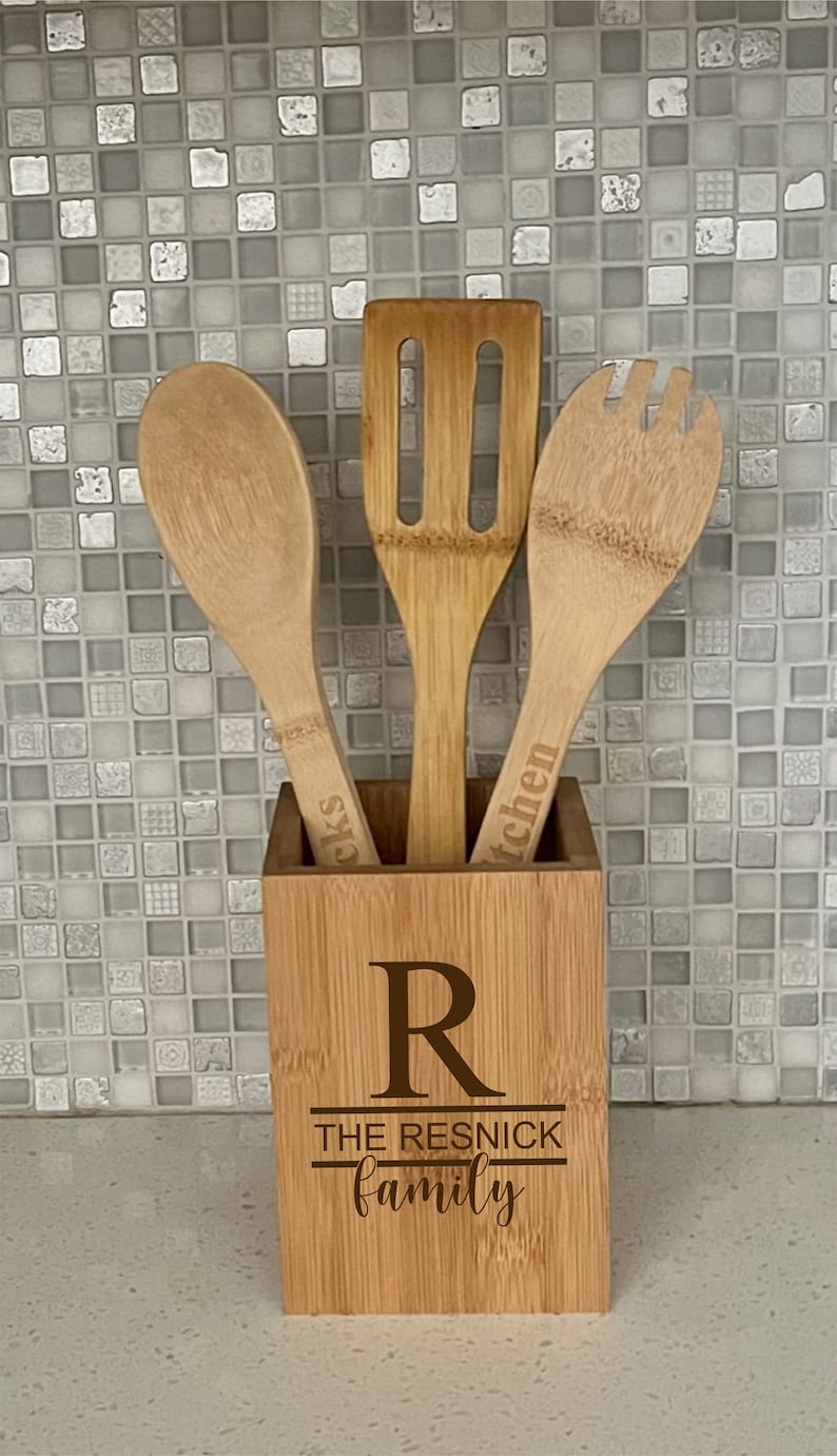 Custom Utensils Personalized Bamboo Wood Spoon and Fork Set, Wooden Kitchen Utensil Set ...