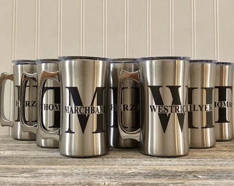 Personalized Beer Mug, Monogram Beer Stein with Handle and Lid,  Stainless Steel Custom Beer Cup, Gift for Dad, Groomsman,  Wedding Gift