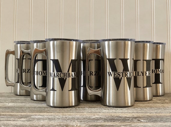 Personalized Beer Mug, Monogram Beer Stein with Handle and Lid,  Stainless Steel Custom Beer Cup, Gift for Dad, Groomsman,  Wedding Gift