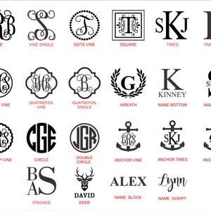 Puede incluir: Un gr&aacute;fico de diferentes estilos de monogramas, incluyendo vid, c&iacute;rculo, cuadrado, corona, ancla y apilado. Los estilos se muestran con diferentes combinaciones de letras, como RS, SKJ y CGE.