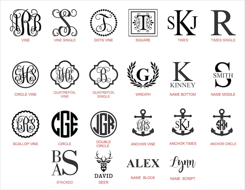Puede incluir: Un gr&aacute;fico de diferentes estilos de monogramas, incluyendo vid, c&iacute;rculo, cuadrado, corona, ancla y apilado. Los estilos se muestran con diferentes combinaciones de letras, como RS, SKJ y CGE.