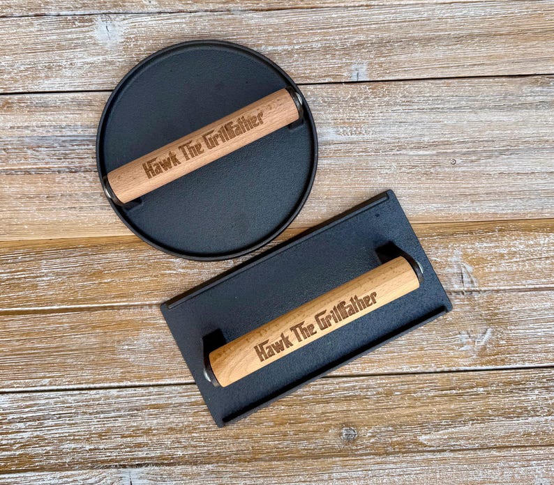 Personalized Cast Iron Press, Smash Burger Heavy Duty Press, Bacon Smasher, BBQ Grill Press Wood Handle, BBQ Gift for Him, Grill Accessories image 8