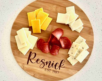 Personalized Wood Charcuterie Board, Custom Monogram Tray, Bamboo Round Cutting Board, Wedding, Engagement, Housewarming Gift