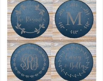 Personalized Slate Cheese Board,  Wreath Monogram Serving Platter, Round Slate Charcuterie Board, Round Slate Trivet, Realtor Closing Gift