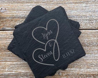 Personalized Heart Slate Coaster Set, Custom Names and Date Coasters, Wedding Gift , Engagement Gift, Any Occasion Gift