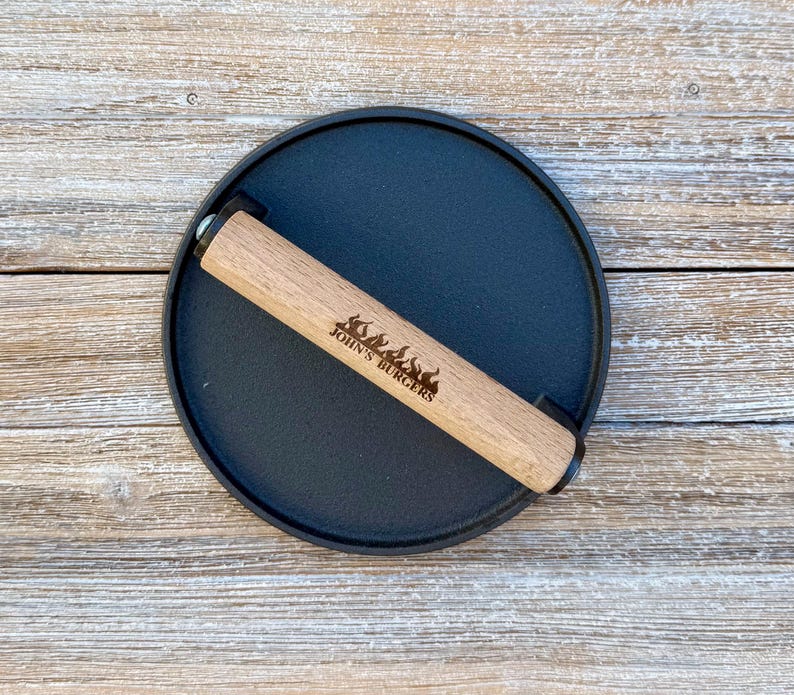 Personalized Cast Iron Press, Smash Burger Heavy Duty Press, Bacon Smasher, BBQ Grill Press Wood Handle, BBQ Gift for Him, Grill Accessories image 14