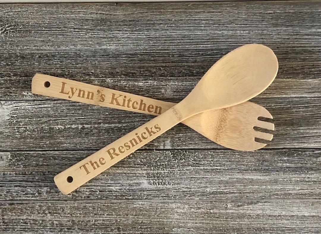 Custom Utensils Personalized Bamboo Wood Spoon and Fork Set, Wooden Kitchen Utensil Set ...