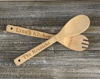 Personalized Bamboo Wood Spoon and Fork Set, Wooden Kitchen Utensil Set, Custom Wood Serving Utensils, Wedding, Anniversary, Engagement Gift