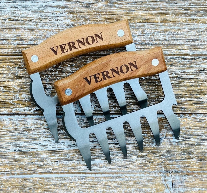 Personalized BBQ Meat Claw Shredders, Wooden Meat Claws, Stainless Steel BBQ Tools, BBQ Meat Lovers Gift, Set of 2 Meat Claws, Gift for Him image 2