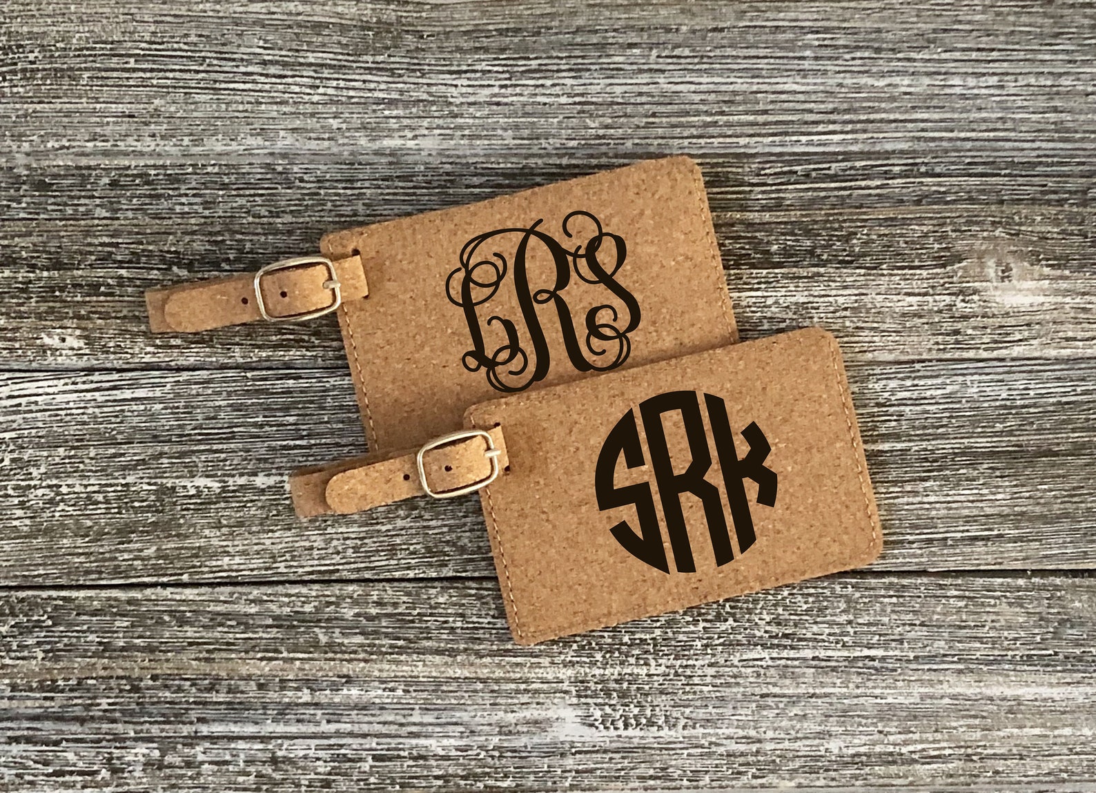 personalized cork luggage tags with formal monograms