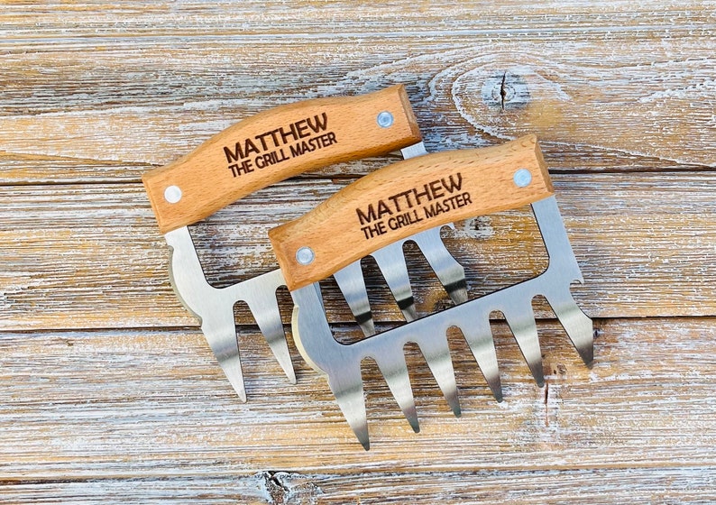 Personalized BBQ Meat Claw Shredders, Wooden Meat Claws, Stainless Steel BBQ Tools, BBQ Meat Lovers Gift, Set of 2 Meat Claws, Gift for Him image 4