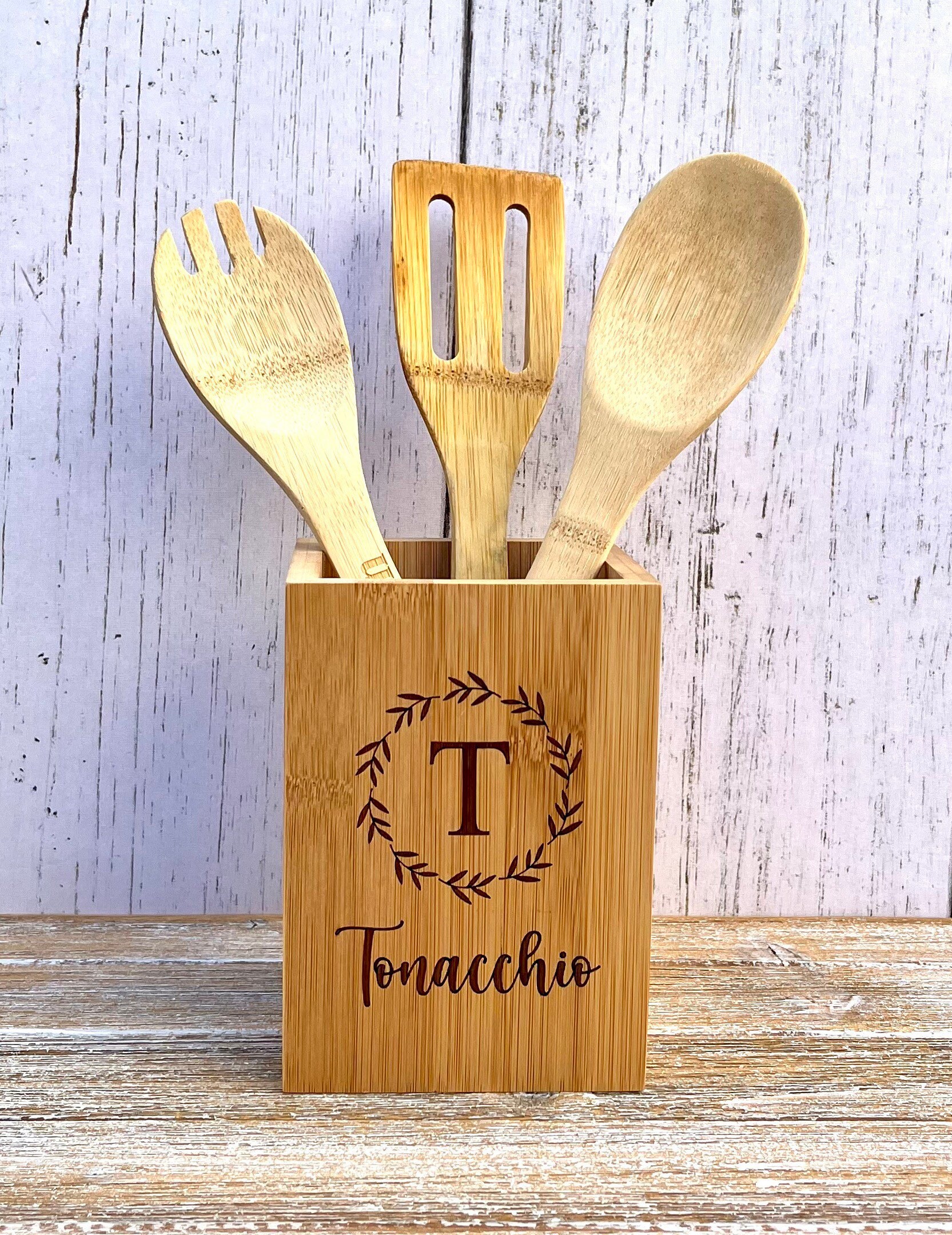 Personalized Utensil Holder Kitchen Gifts Personalized Wood Utensil Box  Bamboo Utensil Box Housewarming Gift for Couples 