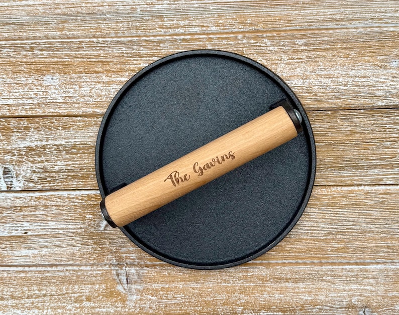 Personalized Cast Iron Press, Smash Burger Heavy Duty Press, Bacon Smasher, BBQ Grill Press Wood Handle, BBQ Gift for Him, Grill Accessories image 9