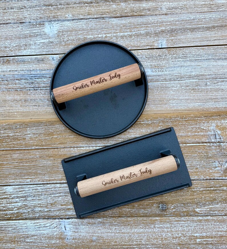 Personalized Cast Iron Press, Smash Burger Heavy Duty Press, Bacon Smasher, BBQ Grill Press Wood Handle, BBQ Gift for Him, Grill Accessories image 15