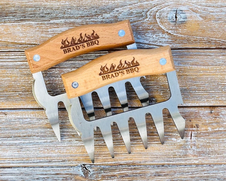 Personalized BBQ Meat Claw Shredders, Wooden Meat Claws, Stainless Steel BBQ Tools, BBQ Meat Lovers Gift, Set of 2 Meat Claws, Gift for Him image 1