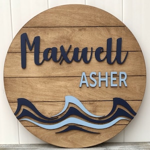 Nursery Name Sign, Boys Room Wood Name Sign, Ocean Waves Round Name Sign, Nautical Wooden Custom Plaque, Ship Lap Room Sign