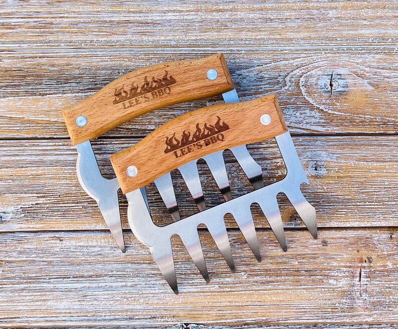 Personalized BBQ Meat Claw Shredders, Wooden Meat Claws, Stainless Steel BBQ Tools, BBQ Meat Lovers Gift, Set of 2 Meat Claws, Gift for Him image 7
