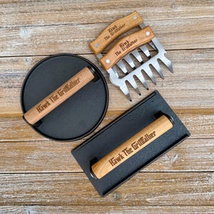 Personalized Cast Iron Press, Smash Burger Heavy Duty Press, Bacon Smasher, BBQ Grill Press Wood Handle, BBQ Gift for Him, Grill Accessories image 13