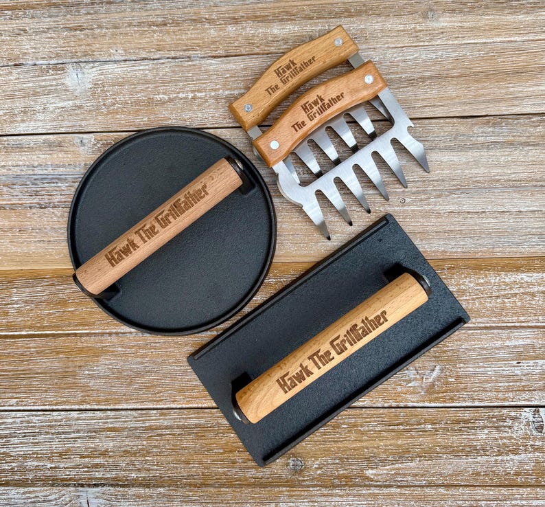 Personalized Cast Iron Press, Smash Burger Heavy Duty Press, Bacon Smasher, BBQ Grill Press Wood Handle, BBQ Gift for Him, Grill Accessories image 13