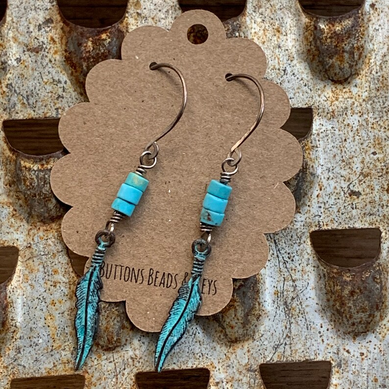 Gemstone Earrings Rustic Earrings Dangle Earrings Gifts for Her Oxidized Sterling Silver /& Turquoise Earrings With Patina Feather Charms