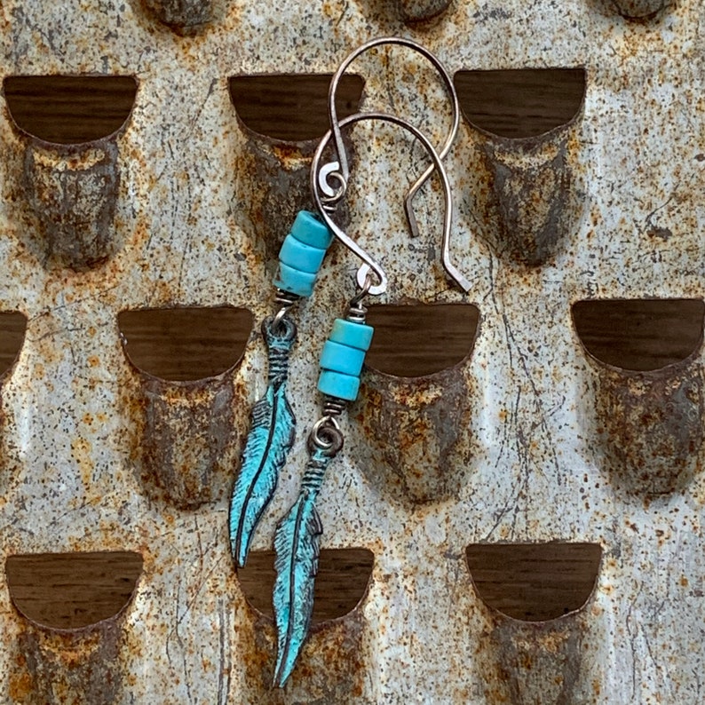 Gemstone Earrings Rustic Earrings Dangle Earrings Gifts for Her Oxidized Sterling Silver /& Turquoise Earrings With Patina Feather Charms